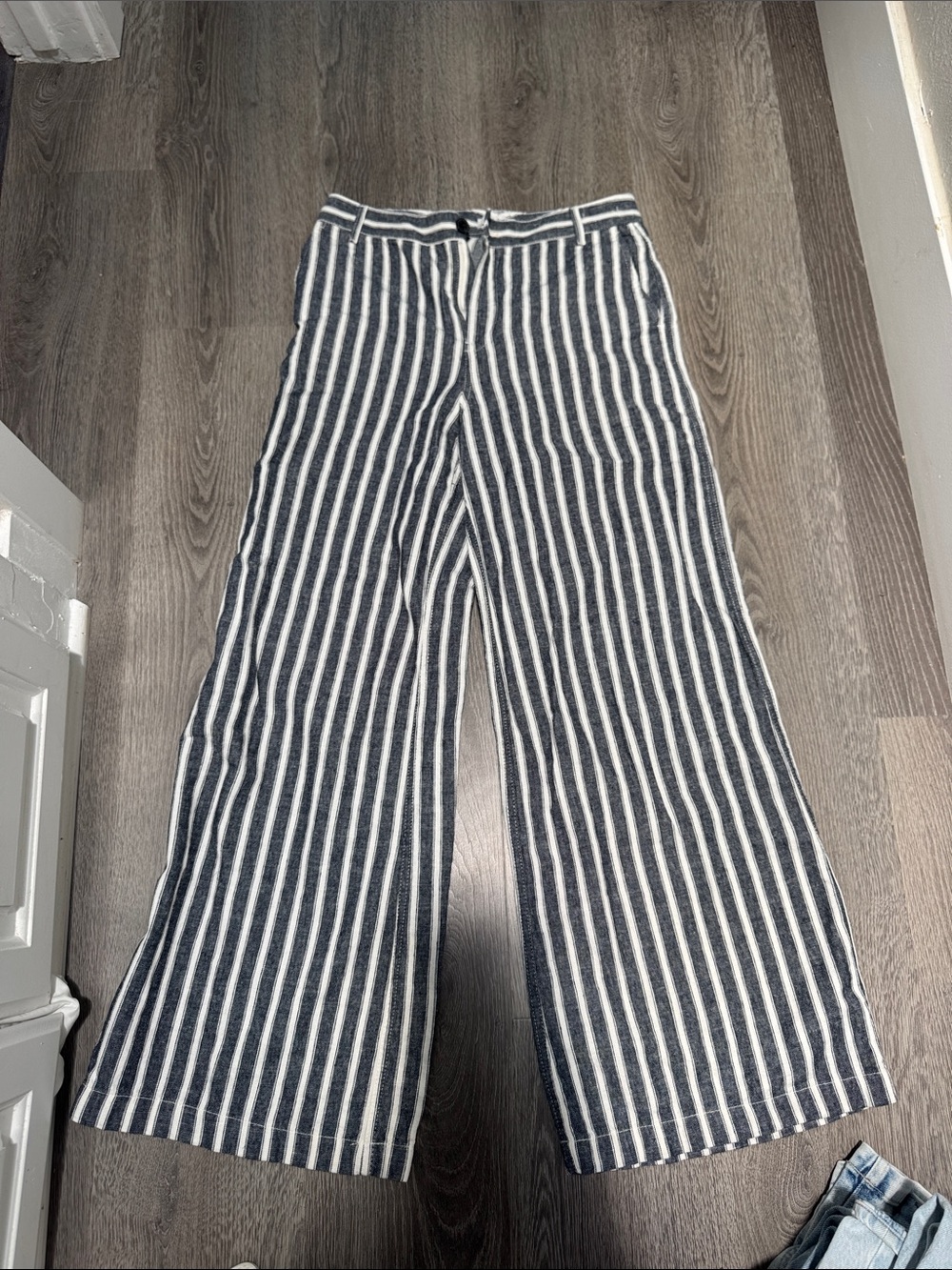 Madewell Navy and White Striped Wide-Leg linen cotton pant